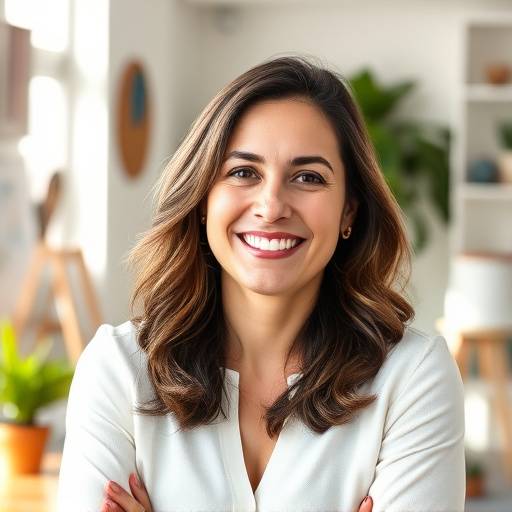 Foto de Ana Paula Silva, fundadora e CEO da Camisetas Sol Nascente, sorrindo em um ambiente de trabalho criativo.