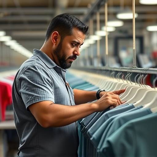 Foto de Roberto Almeida, gerente de produäão da Camisetas Sol Nascente, supervisionando a qualidade das camisetas na fábrica.